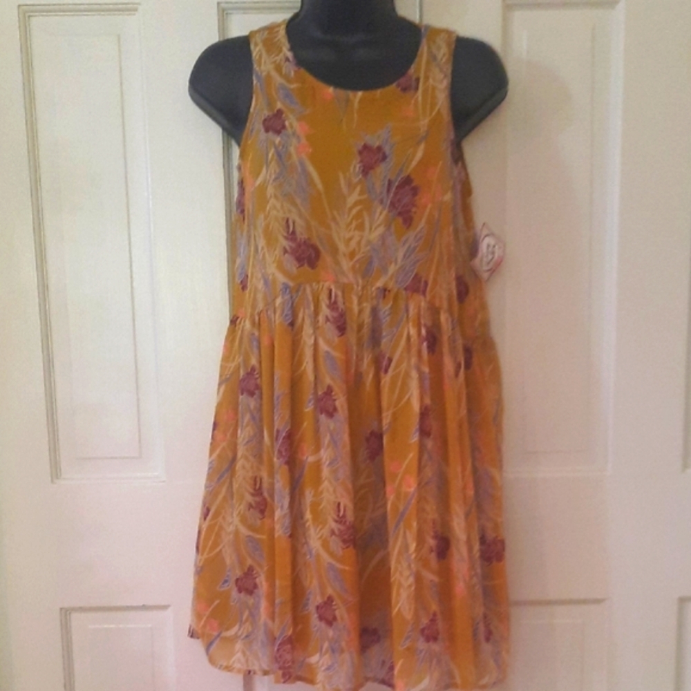 Floral Print Gold Womans Dress - Size: XS - Sleeveless Dress